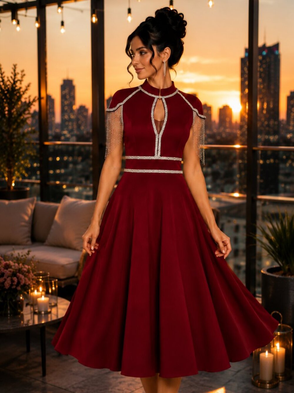 Burgundy Red Midi Evening Dress, Crystal Fringe Shoulder Party Dress